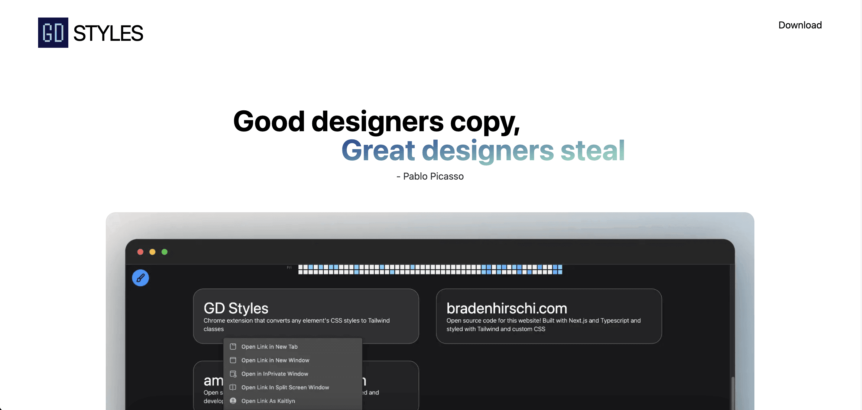 Screenshot of my GD Styles chrome store extension website